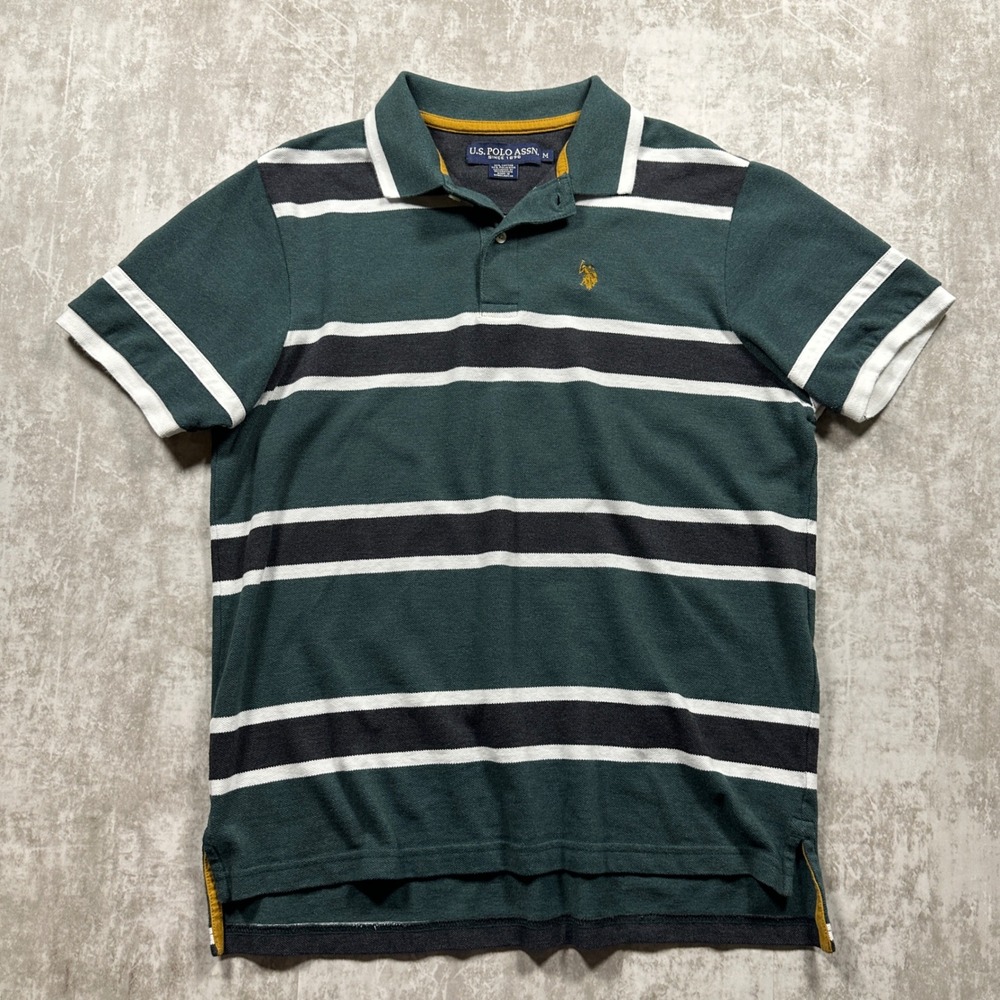 US Polo Assn Polo Shirt Mens Medium Green Striped Short Sleeve Logo